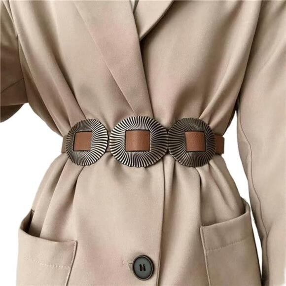 Womens Brown Western Concho Belt Fasion Boho Style Belt for Dresses Coats Jeans